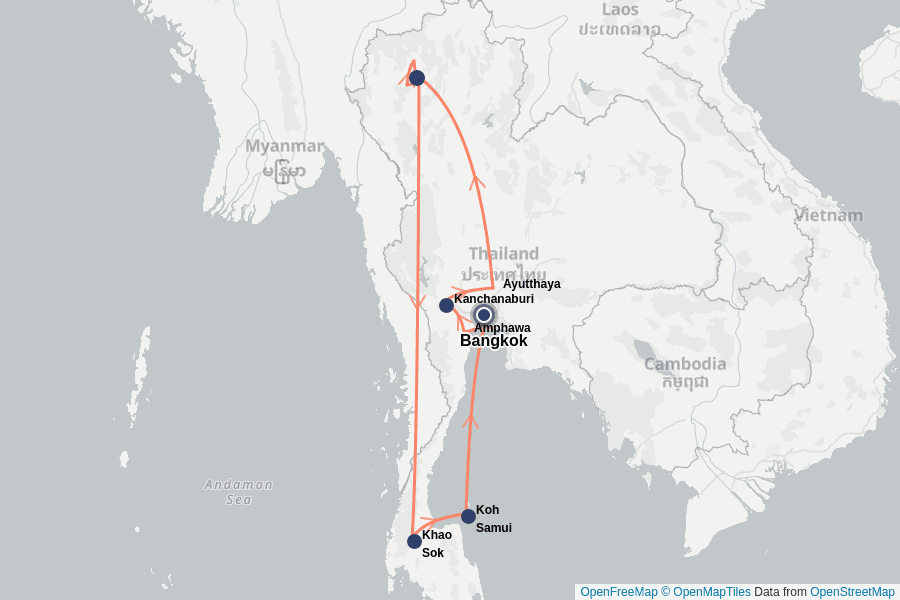 Itinerary Map image for Thailand: Tempel, Dschungel & Traumstrände