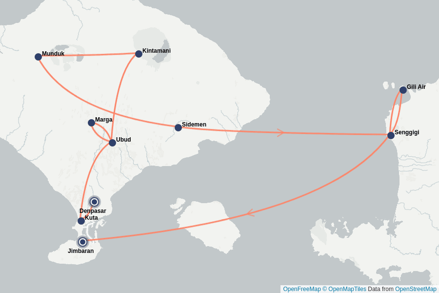 Itinerary Map image for Bali & Lombok: Tempel, Vulkane & Strände