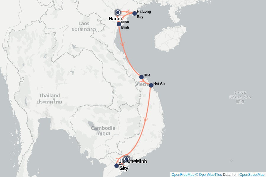 Itinerary Map image for Vietnam: 15 Tage Kultur trifft Natur in Komfort