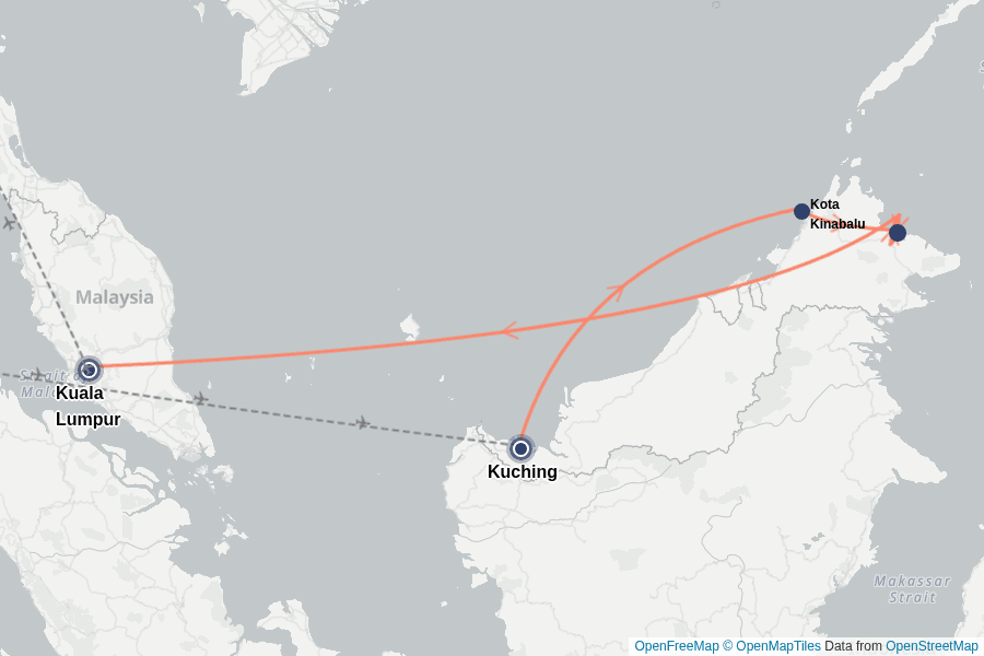 Itinerary Map image for Borneo: Regenwald, Orang-Utans & Kuala Lumpur